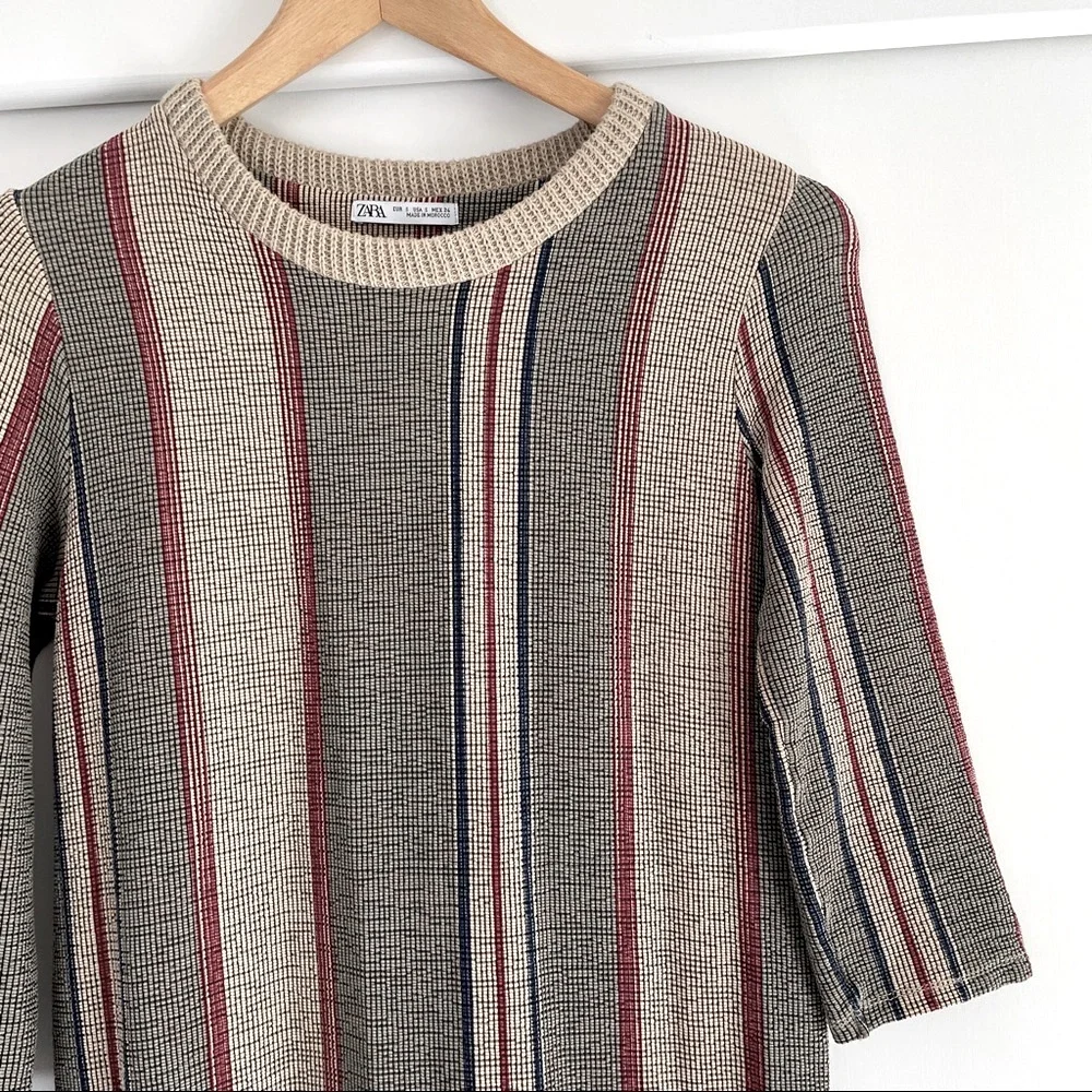 ZARA Striped Midi Dress Cream‎ Red Navy Stretchy Knit Elbow Sleeve Small